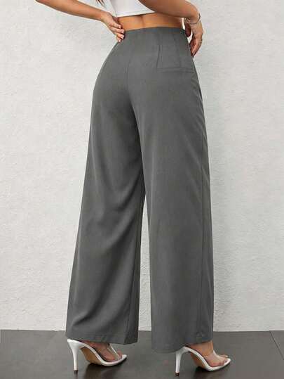 SHEIN PETITE Women's Simple Casual Fashion Back-To-School Season Old Money Commuting High-Waist Texture Wide-Leg Trousers,Business Casual Woman ,Petite Women